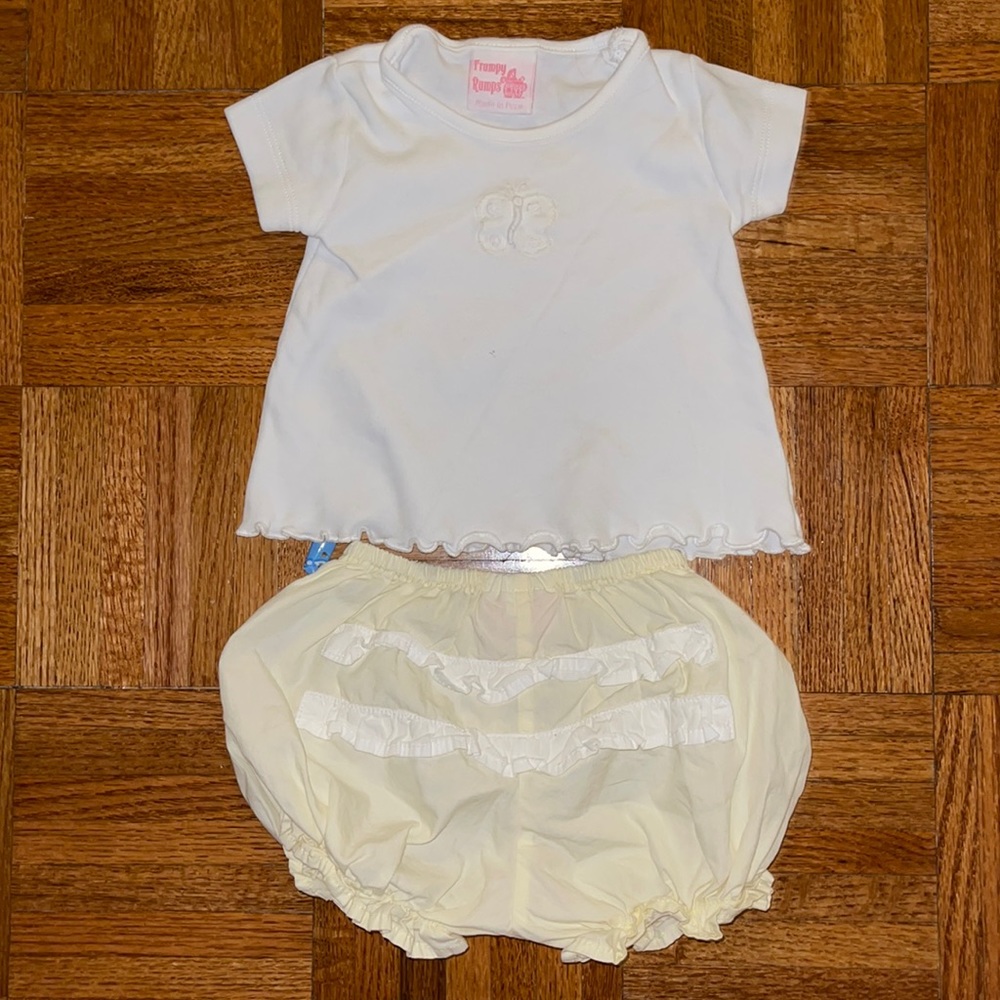 Frumpy Rumps 9 months matching set. Butterfly embroidery top ruffle diaper cover
